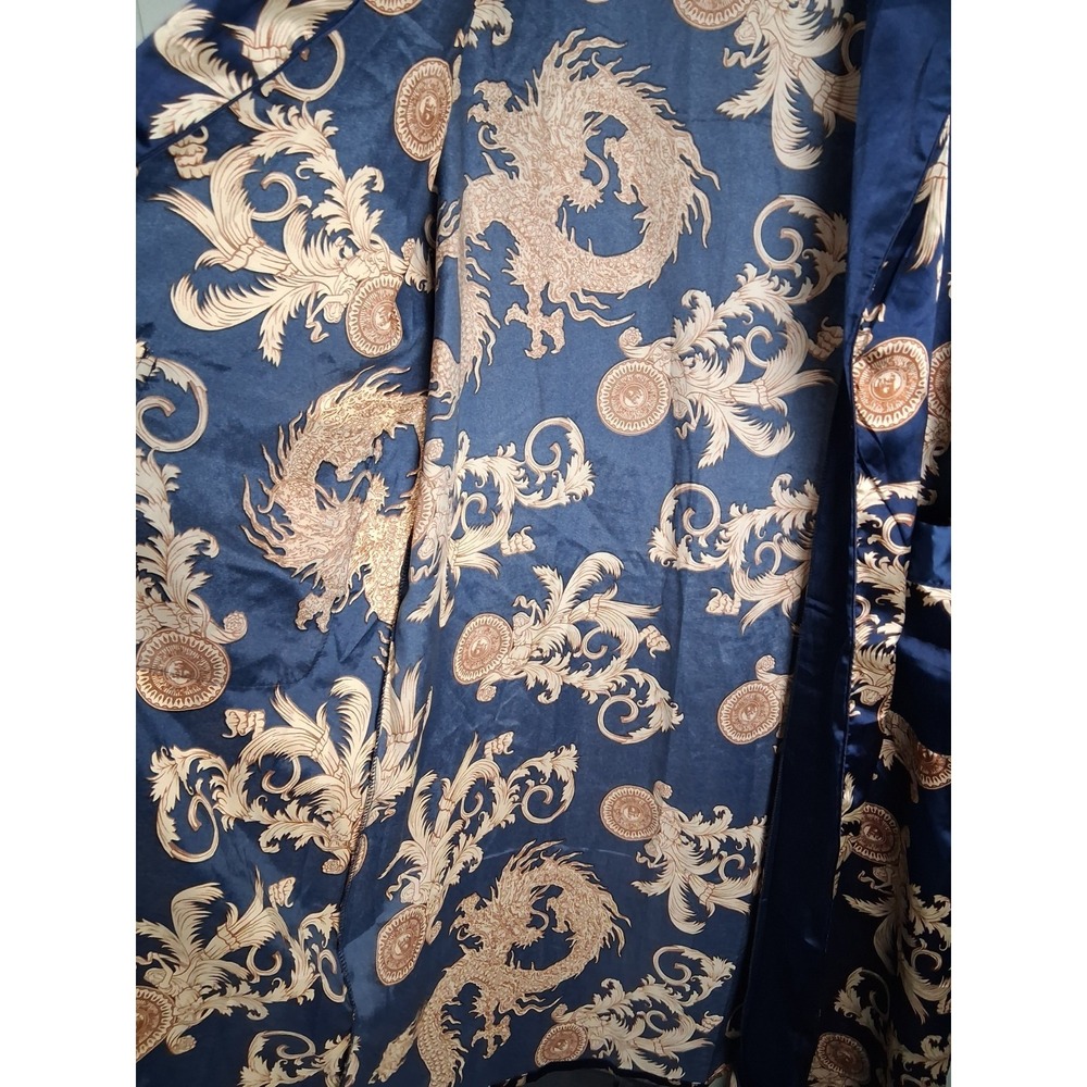 Satin Robe Blue & Gold Baroque Print Belted Pockets Mens Large Dressing Gown - Picture 7 of 10